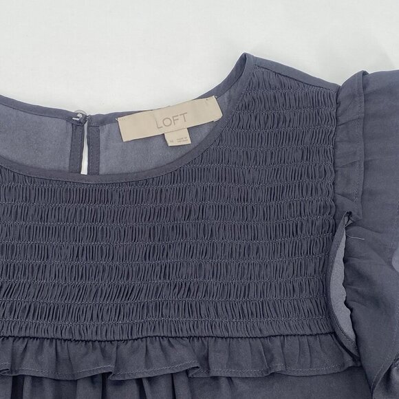 LOFT  Size M Gray Satin Sleeveless Smocked Ruffled Front Blouse - Picture 11 of 11